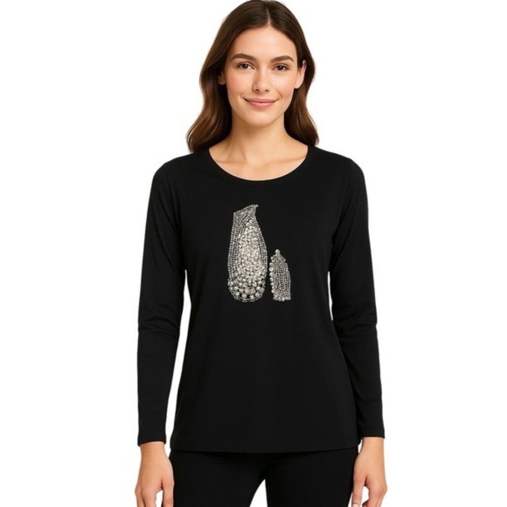 Chicos Weekends Black Penguin Beaded Rhinestone Embellished‎ Long Sleeve Top S